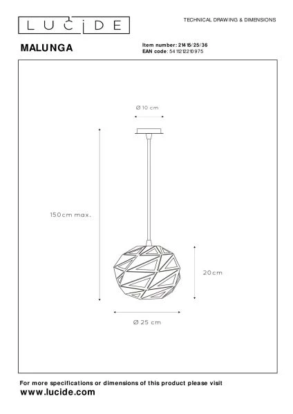 Lucide MALUNGA - Suspension - Ø 25 cm - 1xE27 - Gris - TECHNISCH